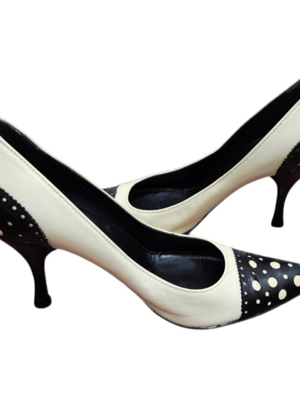 Sergio Rossi Polka Dot Heels Pumps Black White Leather Pointed Toe EU 39 Italy - Picture 9 of 13